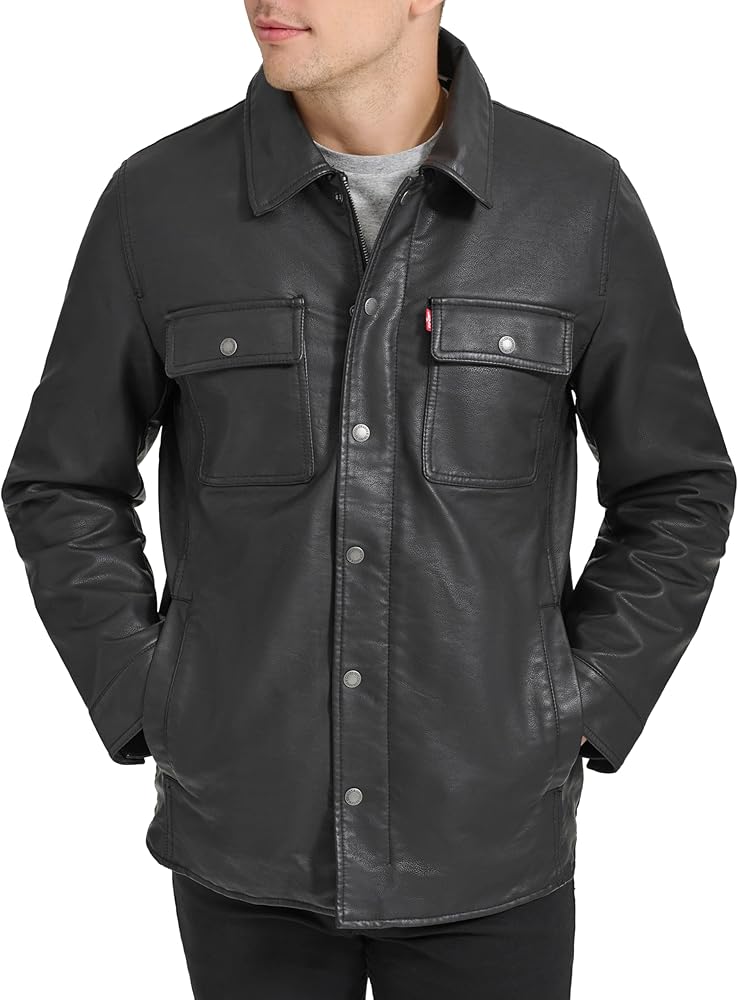 Levi's Men's Buffed Cow Faux Leather Hooded Trucker Jacket, New